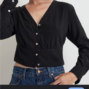 Madewell Black V-Neck Button-Up Women's Top in Lusterweave